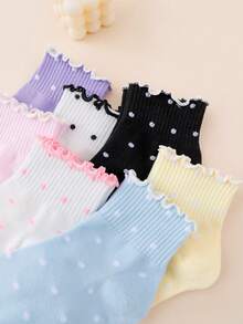 10 Pairs Random Women's Sweet Frill Trim Fresh Polka Dot JK Style Comfortable Breathable Ankle Socks - Multicolor - View 4
