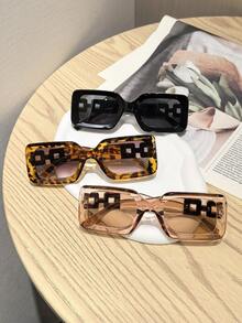 3PCS Women's Rectangular Oversized Frame Fashion Glasses, Featuring Metal Hollow-Out Decorative Temple Arms, Unique, Stylish, Elegant, Versatile Casual Style, Suitabr Daily Commuting, Street Photography, And Party Outfits, With Glasses Box - Multicolor - View 4