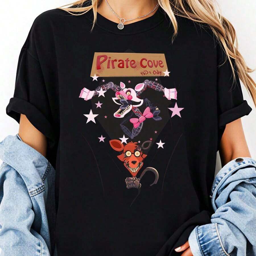 TrendyNew Funny Pirate Cove Kids Only T-Shirt Black Cartoon Mouse And Fox With Stars And Text Design For Casual Wear Gift  Fashionable Versatile Holiday Style Cotton  New Gifts  's Clothing De Als Female Clothing High End 's Clothing 100% CottonBestseller - Black - View 1