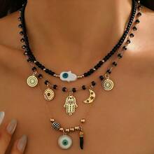 3pcs/Set Bohemian Style Fashion Necklace With Eye, Hand, Star, Moon, Sun Pendant Beaded Chain, Suitable For Women As Daily, Casual, Holiday Matching Accessory - Black - View 9