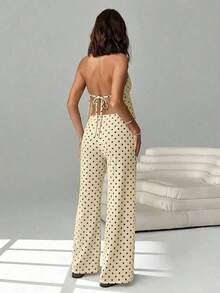 2 piezas Conjunto casual de vacaciones para mujer con top halter sin espalda y pantalones en color caqui tejido - Multicolor 4 - Ver 2