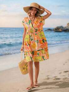 Vestido corto casual de vacaciones románticas de playa rosa para mujer en verano - Multicolor 2 - Ver 3