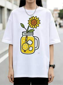 Lemon Sunflower Iced Tea Jar Illustration Graphic Unisex Cotton T-Shirt - White - View 6