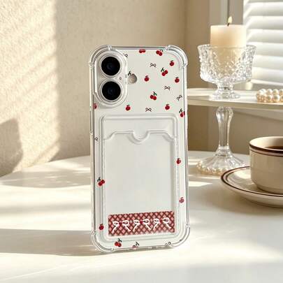 INS 时尚樱桃蝴蝶结格纹印花 TPU 防震透明卡包手机壳，兼容苹果 17 Pro Max/17/16/15 Pro Max/15 Plus/15 Pro/15/14 Pro Max/14 Plus/14 Pro/14/13 Pro Max/Pro Max/12 Pro Max/12 Pro/12/11 Pro Max/11，完美的圣诞节、新年、复活节礼物，送给家人和朋友，最佳圣诞之选