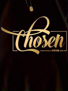 100% algodón [Camiseta "Cozy Comfort, Chosen"] Camiseta gráfica "Chosen" de corte suave y relajado|   Comodidad Acogedora, Negro Casual con Estampado Cursiva Dorado, Manga Corta, Cuello Redondo, Ideal para Primavera y Verano - Negro - Ver 4
