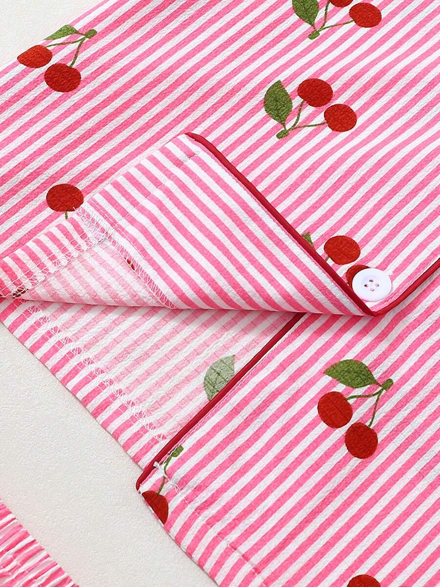 女士短袖纽扣领上衣和短裤睡衣套装，休闲宽松条纹樱桃印花基础款家居服，适合室内外穿着，夏季 - 粉色 - 查看 1