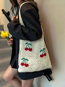 Yogodlns Nuevo bolso de verano con diseño de cereza hueco y correa, bolso de playa minimalista de moda hecho a mano a ganchillo, bolso de mano de cereza de punto, bolso de hombro, bolso de playa para mujeres - Multicolor - Ver 4
