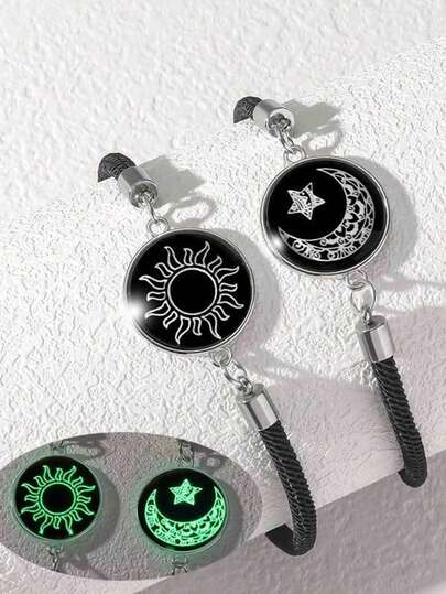 2 pièces Set de bracelets de couple fait main, bracelet en verre lumineux Lune & Soleil, Yin Yang Jour & Nuit, Étoile en verre