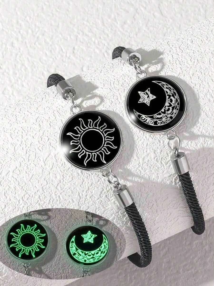 2件套手工情侣手链，月亮太阳玻璃夜光阴阳日夜星空玻璃手链 - 黑色 - 查看 1