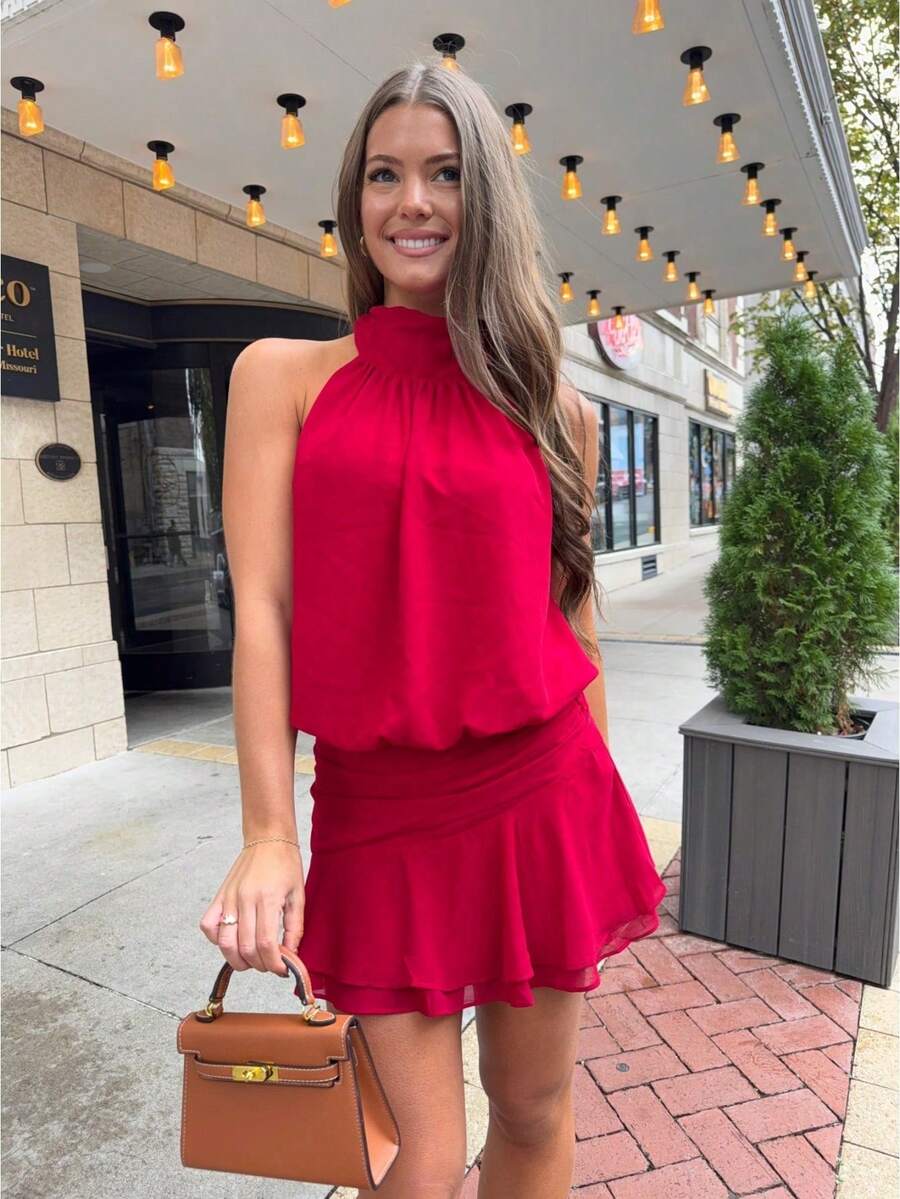 Women's Pleated Waist Sheer Mesh Ruffle Mini Dress Summer Casual Halter Neck High Neck Bodycon Short Dress Self-Tie Backless Sundress Party Clubwear - F206103-Red - 查看 1