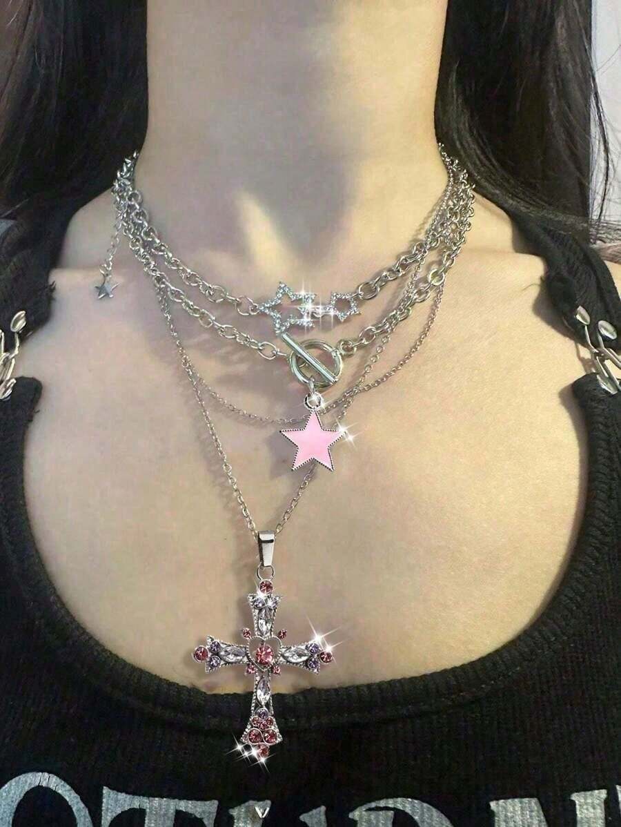 Conjunto de collar con colgante de corazón, estrella y cruz de cristal brillante y a la moda, estilo gótico Y2K dulce y moderno para mujer. - Rosa - Ver 1
