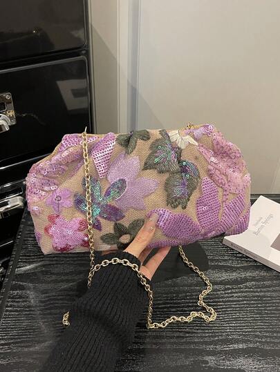 2026 New Fashion High-Quality Sequin Pleated Bag, Floral Pattern Chain Shoulder Crossbody Bag, Niche Design Evening Clutch