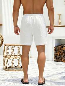 Men's Solid Color Dolphin Pattern Drawstring Shorts With Pockets, Summer Casual Bermuda Style Jacquard Beach Shorts - White - View 4