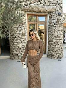 Women's Summer Casual Hollow Out Beach Knit Top + Long Skirt 2pcs Set Fashion Knit Clothing - Summer Women's Set, Elegant Women's Dress - Khaki - View 5