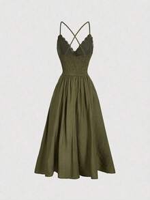 Vestido midi retro de tirantes finos verde militar, cuello en V, espalda hueca en forma de corazón, cintura alta entallada y falda paraguas fluida.Con detalles de ganchillo y encaje en el borde, ideal para primavera, citas y fiestas. - Blanco - Ver 6