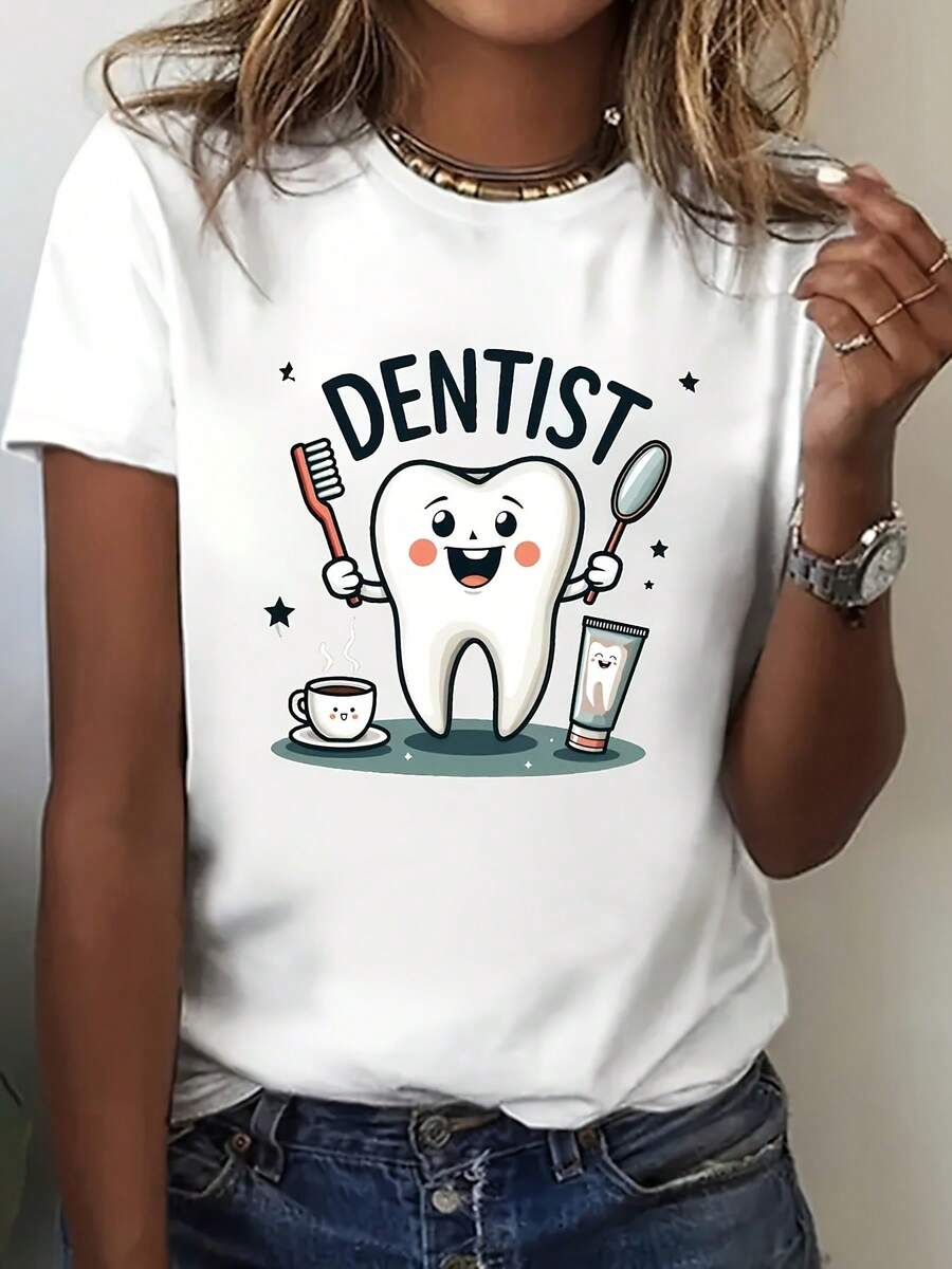 Women's Casual Short Sleeve Round Neck T-Shirt - Bright Green Dentist Teeth Pattern, Fun Cartoon Teeth And Dental Tools Design, Medium Stretch, Machine Washable, Comfortable For All Seasons, Dental Assistant Gift, Everyday Use, Funny Illustrations-X