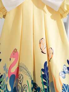 Young Girls Summer New Peter Pan Collar Bow Ruffle Cartoon Animal & Plant Print Casual Dress - Yellow - View 6