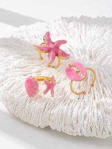 Bộ 3 nhẫn xếp chồng chủ đề đại dương màu hồng, hình sao biển, vỏ sò và vỏ ốc xà cừ tráng men, trang sức mùa hè đi biển dành cho nữ. - Bộ phao cứu sinh màu hồng - Xem 4