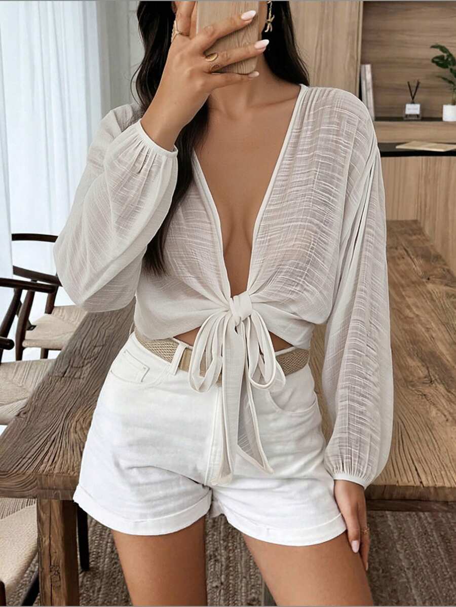 夏日海滩素色结饰和服 - 白色 - 查看 1