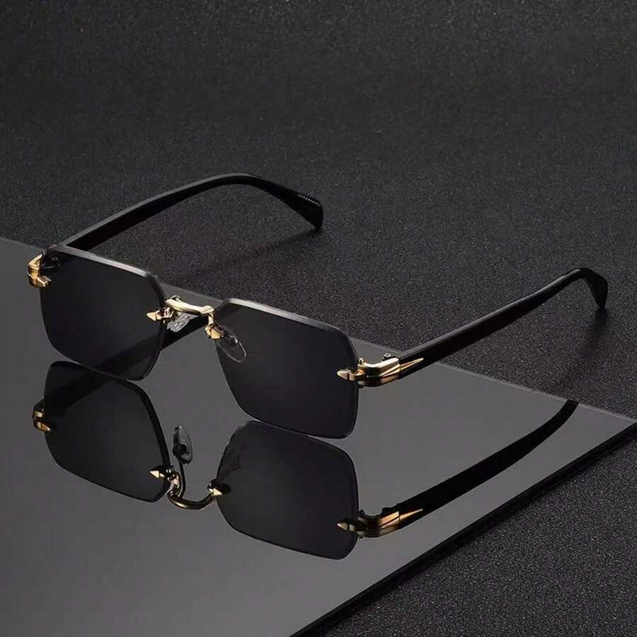 1pc Men's Fashion Decorative Glasses, Gold Plastic Material, Solid Color Pattern, Retro Style, Square, Rimless Glasses, Suitable - Multicolor - View 1