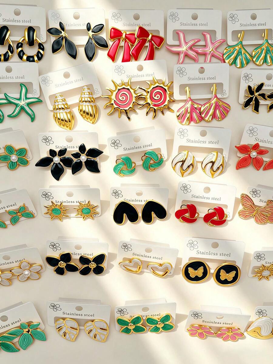 12 pares de pendientes de acero inoxidable/Pendientes de arcilla teñida a mano con frutas, plantas, dibujos animados, de gran tamaño, juego de pendientes de goma, hechos a mano, adecuados para uso diario, pendientes hipoalergénicos, regalo perfecto para fiestas (con tarjeta) - Multicolor - Ver 1