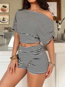 Set de 2 piezas con top de manga corta con hombro asimétrico y rayas, y shorts de talle bajo para mujer, para primavera/verano - Negro - Ver 3
