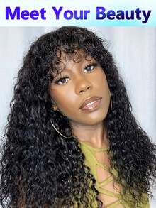 Curly Wig With Bangs 180% Density Glueless Water Wave Human Hair Wig With Bangs Unprocessed Brazilian Virgin Hair Full Machine Made None Lace Front Wigs For Women - Natural Black - View 5