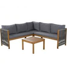 Garden Furniture Set, Corner Sofa + Coffee Table, Acacia Wood Frame, Acacia Wood Tabletop, Braided Rope Craftsmanship, Suitable For Garden, Grey Color. - Grey - View 5