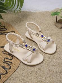 女童水钻凉鞋，新款夏季儿童公主软底时尚沙滩鞋 - 米色 - 查看 2