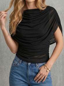 Women's Sleeveless Draped V-Neck Top, Semi-Sheer Knit Fabric, Fitted Silhouette, Regular Length, Black Summer - Black - View 3