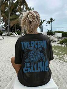 Women's Classic Summer T-Shirt [Double-Sided Print], Casual Loose Fit, Vintage Turtle Print, Waves, THE OCEAN CALLS, Crew Neck, Short Sleeve, Drop Shoulder, Oversized Cotton T-Shirt [Best Seller 1]% Cotton, Summer T-Shirts - 黑色 - 查看 3