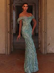 Faeriesty Vestido de noche de lujo con cuentas y lentejuelas, escote hombros descubiertos con broche de cristal en forma de estrella, bordado floral, adecuado para banquetes y celebraciones - Verde - Ver 12