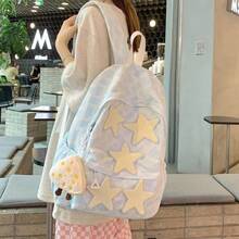 2026 新品 星型パッチ ふんわりリュック レディース 通学 通勤 韓国風 大容量 軽量 カジュアル かわいい ギフト プレゼント 学生用 デイリー使い チャーム付き コンパクト 整理しやすい M9AG - Azure - チェックする 9