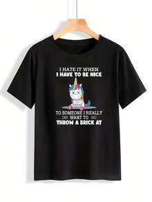 Women's Plus Size Unicorn Print Casual T-Shirt, Short Sleeves, Round Neck, Slightly Stretchy-X. - Black - View 6