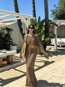 Women's Summer Casual Hollow Out Beach Knit Top + Long Skirt 2pcs Set Fashion Knit Clothing - Summer Women's Set, Elegant Women's Dress - Khaki - View 3