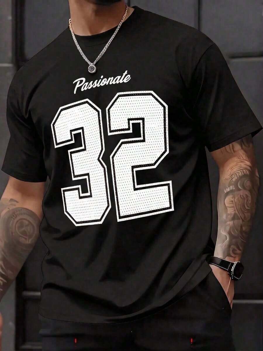 Camiseta de manga corta con cuello redondo y diseño sencillo para hombres - Negro - Ver 1