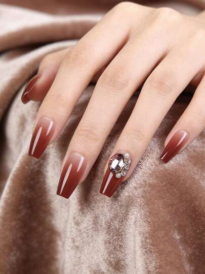 24 Pieces Of Long Coffin Nails Coffee Color Gradient Acrylic Manicure Patches Inlaid With Rhinestone Push-On Nails, False Nails, Including Jelly Glue And Nail File, Suitable For Parties, Events, Daily Wear. Suitable For Hen Parties, Dances, Daily Casual Wear. Removable And Reusable Nail Decorations