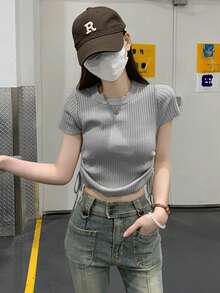 女士休闲日常通勤纯色抽绳褶皱短款罗纹针织上衣，夏季 - 灰色 - 查看 4