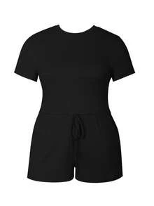 Plus Size Women 2pcs Set Casual Pink Short Sleeve Shorts Outfit Elegant Black Summer - Black - View 2