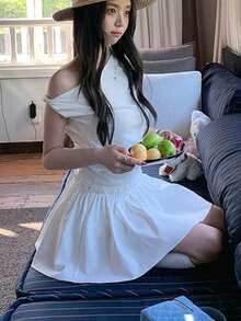 Women's Summer Outing Date Solid Color Asymmetric Neck Ruffle Hem Dress Elegant White - White - View 3
