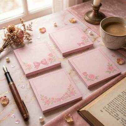 1/4 tờ giấy ghi chú dính hình nơ và hoa hồng màu hồng - Độ bám dính cao, giấy ghi chú dành cho nữ, đồ dùng học tập, quà tặng tiệc tùng, quà sinh nhật, đồ dùng văn phòng, giấy ghi chú dễ thương.