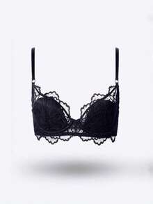 1pc Fashion Lace Padded Floral Lash Wireless Push-Up Bra - Black - View 1
