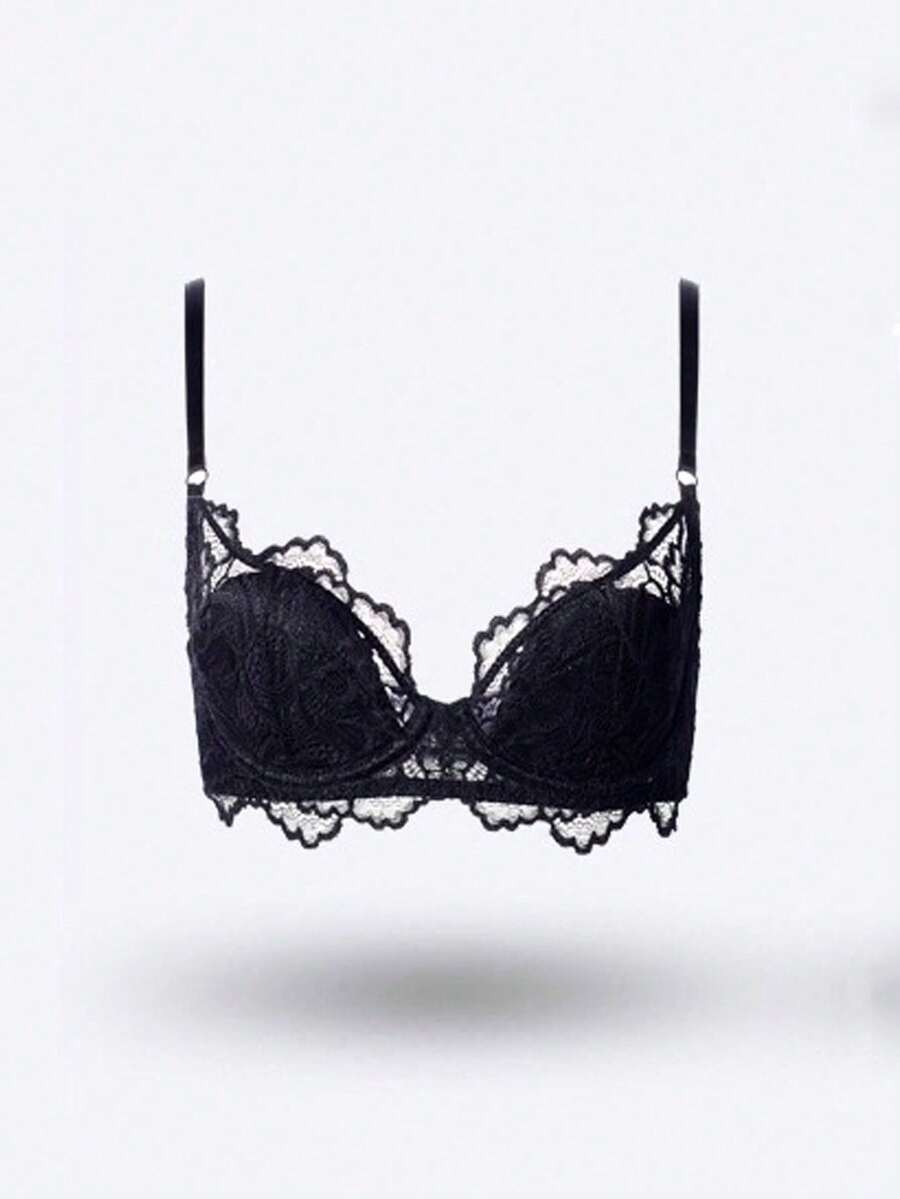 1pc Fashion Lace Padded Floral Lash Wireless Push-Up Bra - Black - View 1
