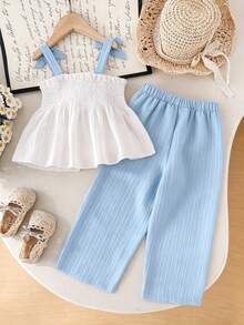 2pcs/Set Young Girls' Summer Camisole Top And Wide Leg Pants Set, 3D Crochet Sunflower Camisole + Blue Textured Wide Leg Pants With Shirred Waist, 2pcs Bow Strap Breathable Textured Fabric Pants Suit, Sweet Vacation Outfit - Blue - View 2