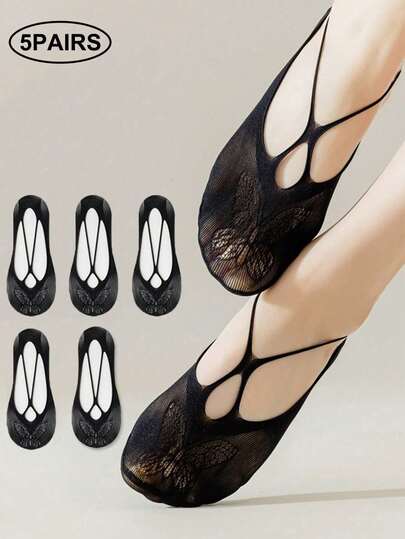 5 Pairs Hollow Butterfly Invisible Liner Socks, Shallow Lace Anti-Slip Silicone Non-Slip Short Socks, Breathable Thin Invisible Socks For Spring & Summer