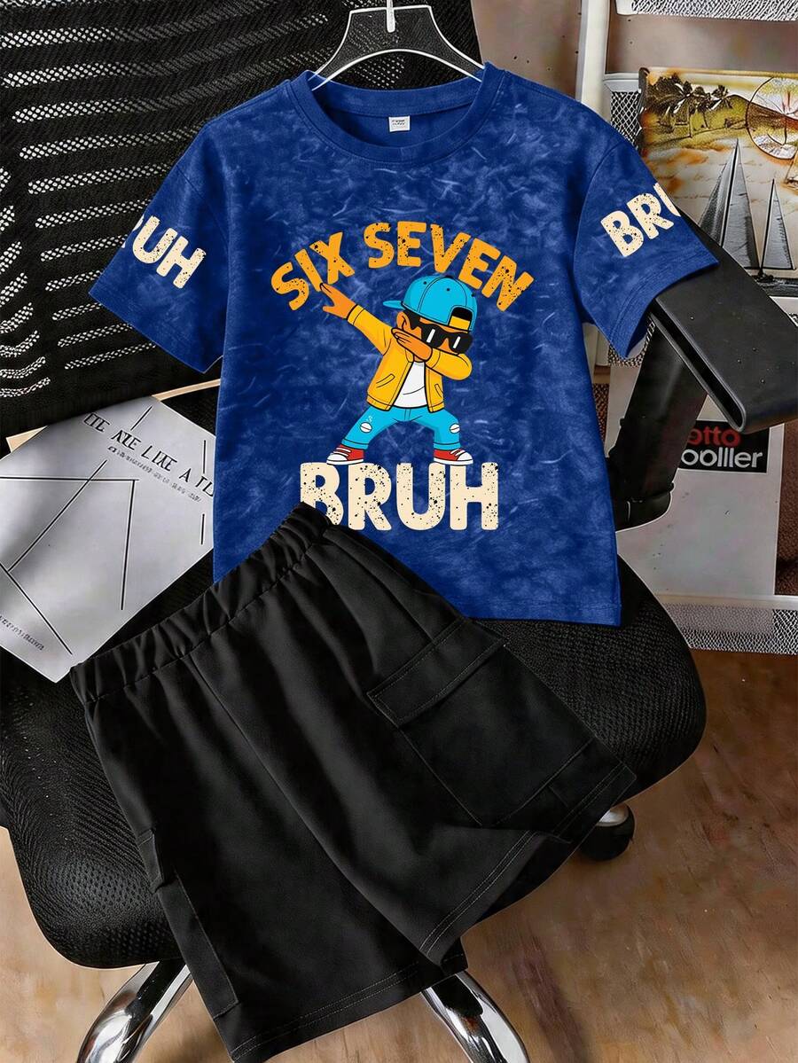 1 Set Distressed T-Shirt & Cargo Shorts Outfit für Teenager Jungen, mit Cartoon Charakter Dab Muster Kurzarm T-Shirt - perfektes Sommergeschenk, geeignet für Frühling/Sommer Tragen in der Schule und Outdoor - Verschiedenfarbig - Übersicht 1
