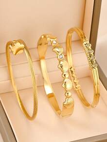 3 PiecesStackable Gold Cuff Bracelet Set, Stainless Steel Waterproof Daily Wear - Gold - View 7