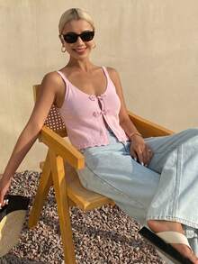 Chaleco camisa casual de un solo pecho de unicolor rosa para mujer, de verano - Rosa - Ver 3