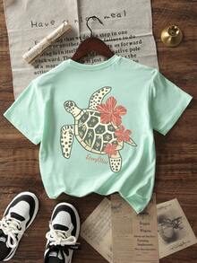 Tricou de vară pentru fete preadolescente, cu guler rotund și mânecă scurtă, casual, imprimat - Menta verde - Vizualizare 3