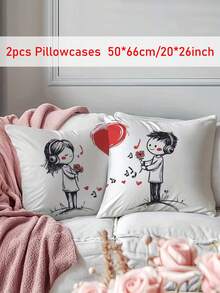 2pcs Heart & Musical Note Couple Pattern Digital Print Polyester Pillowcase, Romantic Cute Cartoon Couple Decorative Throw Pillow Cover Suitable For All Seasons, Valentine's Day Gift, Soft & Breathable, Machine Washable, No Filling Included - Red and White - View 10